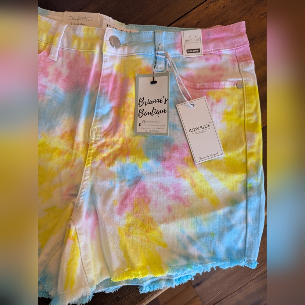 Judy Blue shorts womens large tie dye denim‎ raw hem cutoff high waist stretch - Picture 3 of 10